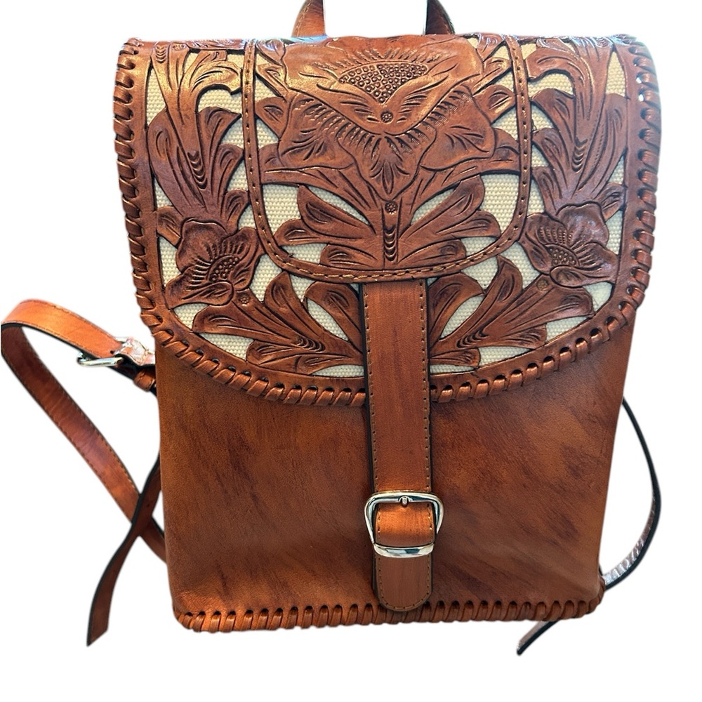 Brown Leather Floral Backpack by Mauzari